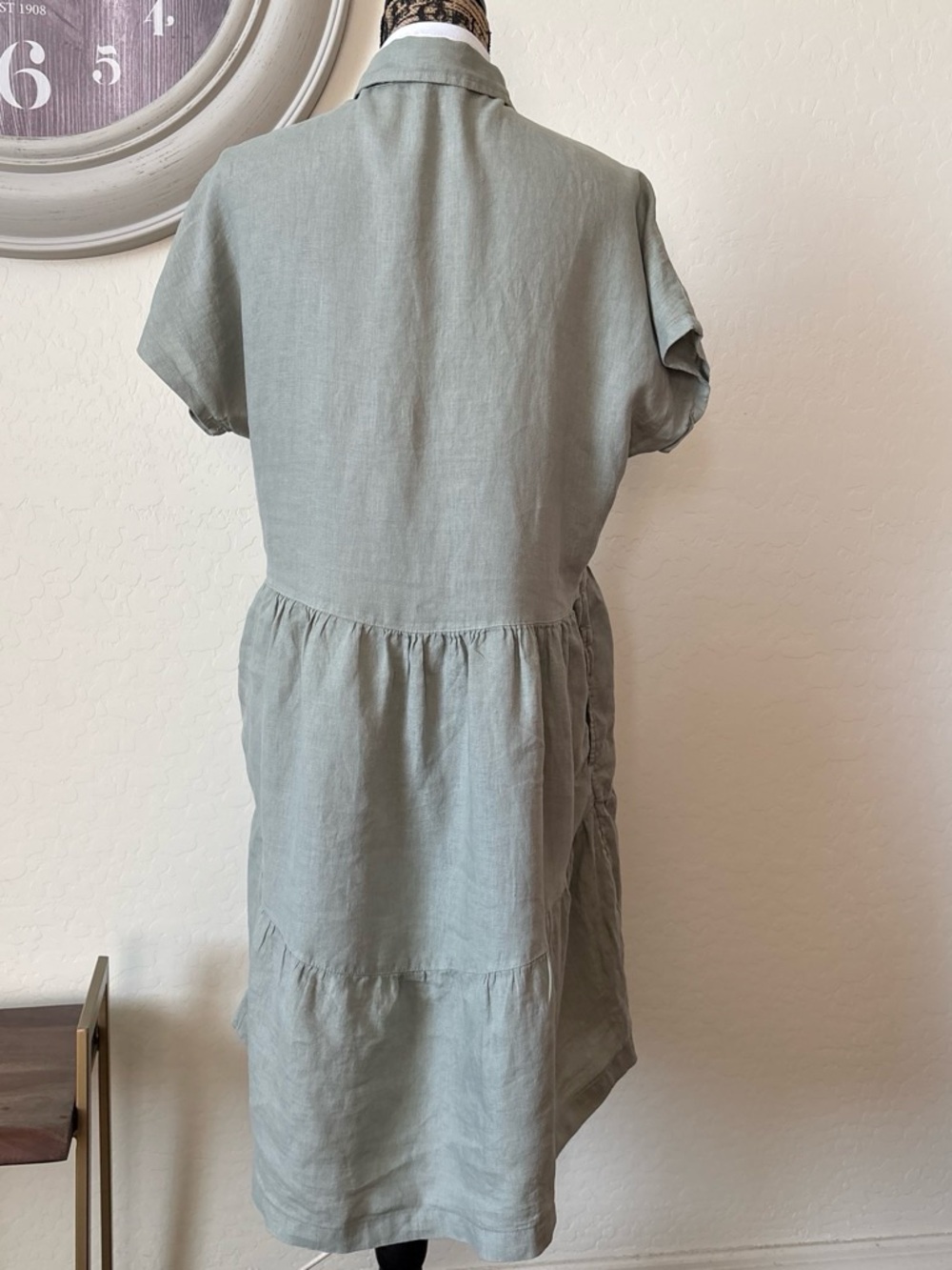Tahari Sage Green Tiered Midi Button-Up 100% linen Dress. M - Picture 2 of 8